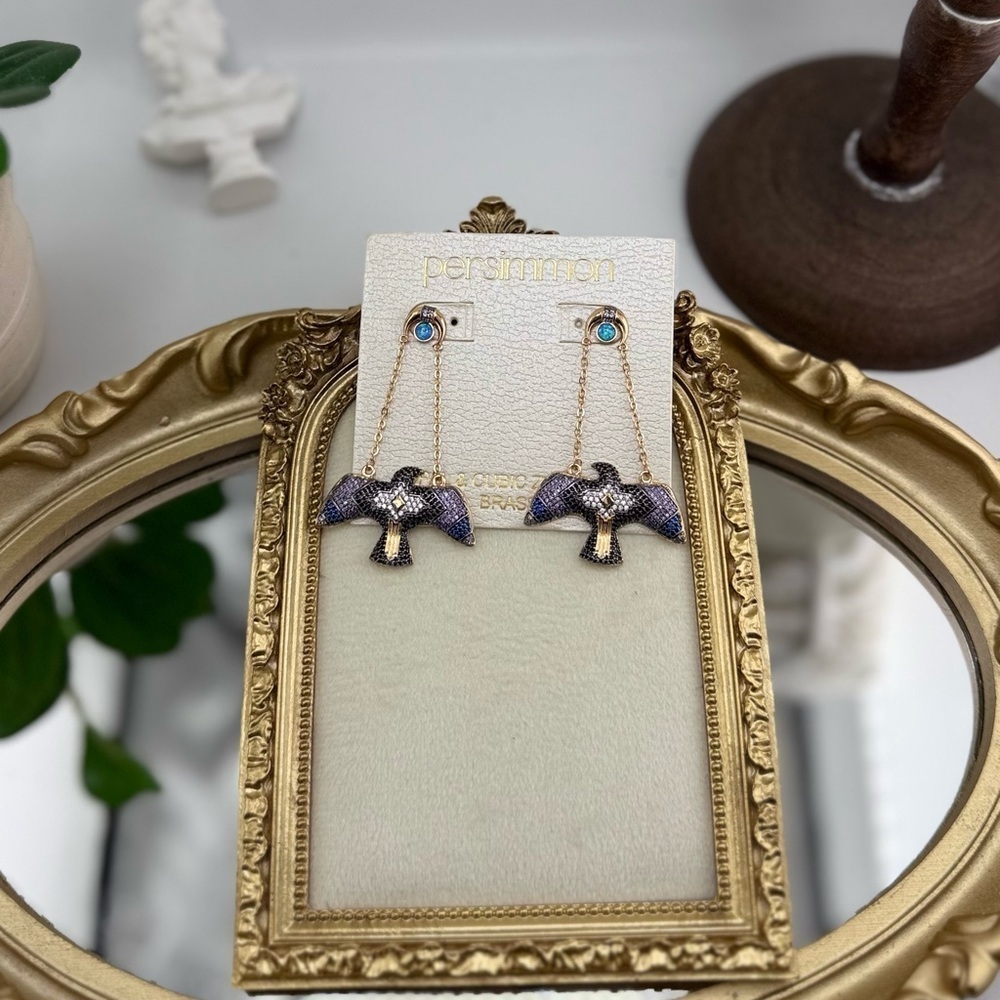 Persimmon Opal & Cubic Zirconia Bird Drop Earrings – Luxe Boho Statement - Picture 4 of 10
